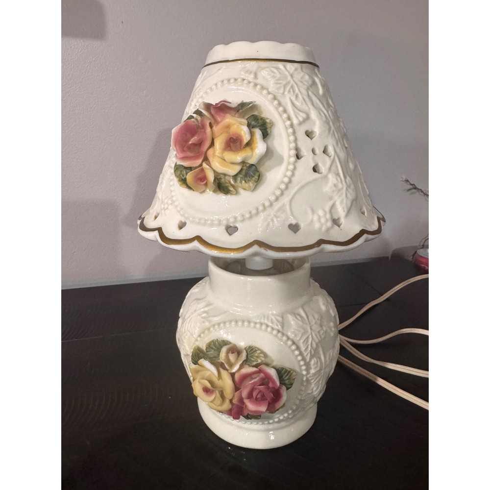 Vintage Ceramic Floral Accent Lamp Ivory with 3D Roses and Heart Cutouts